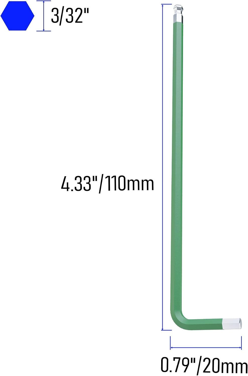 2PCS 3/32" Ball End Hex Key Allen Wrench, SAE Internal Hexagonal Wrench, L Shaped Long Arm S2 Steel Repairing Tool，Green