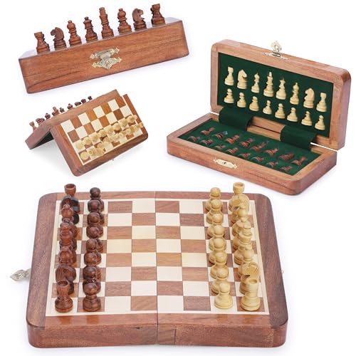 Ajuny Magnetisches Schachbrett-Set aus Holz mit handgefertigten Teilen – Aufbewahrungsschlitze tragbar, für die Reise, einzigartiges Schachspiel für Erwachsene und Kinder, Puzzle-Schachspiel, 7x7 Zoll