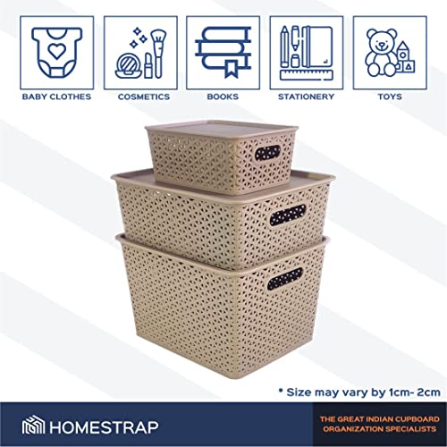 Image of Homestrap Set Of 3 Plastic Storage Organizers /Baskets With Lid For Kitchen, Clothes, Multipurpose Vegetables, Toys, Books, Office, Stationery, Wardrobe(Small, Medium, Large | Biscuit)