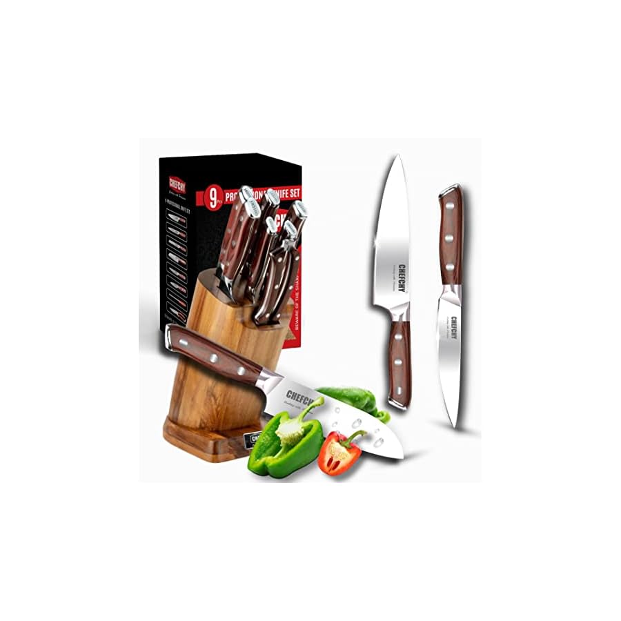 Professional-9-Piece-Knife-Set-German-Steel-14116-Blade-PakkawoodG10-Handle-Acacia-Wood-Block-Gift-Box-Included-a-Free-Stainless-Steel-Fingerguard-and-Peeler Professional 9-Piece Knife Set - German Steel (1.4116) Blade, Pakkawood(G10) Handle, Acacia Wood Block, Gift Box Included (a Free Stainless Steel Fingerguard and Peeler)