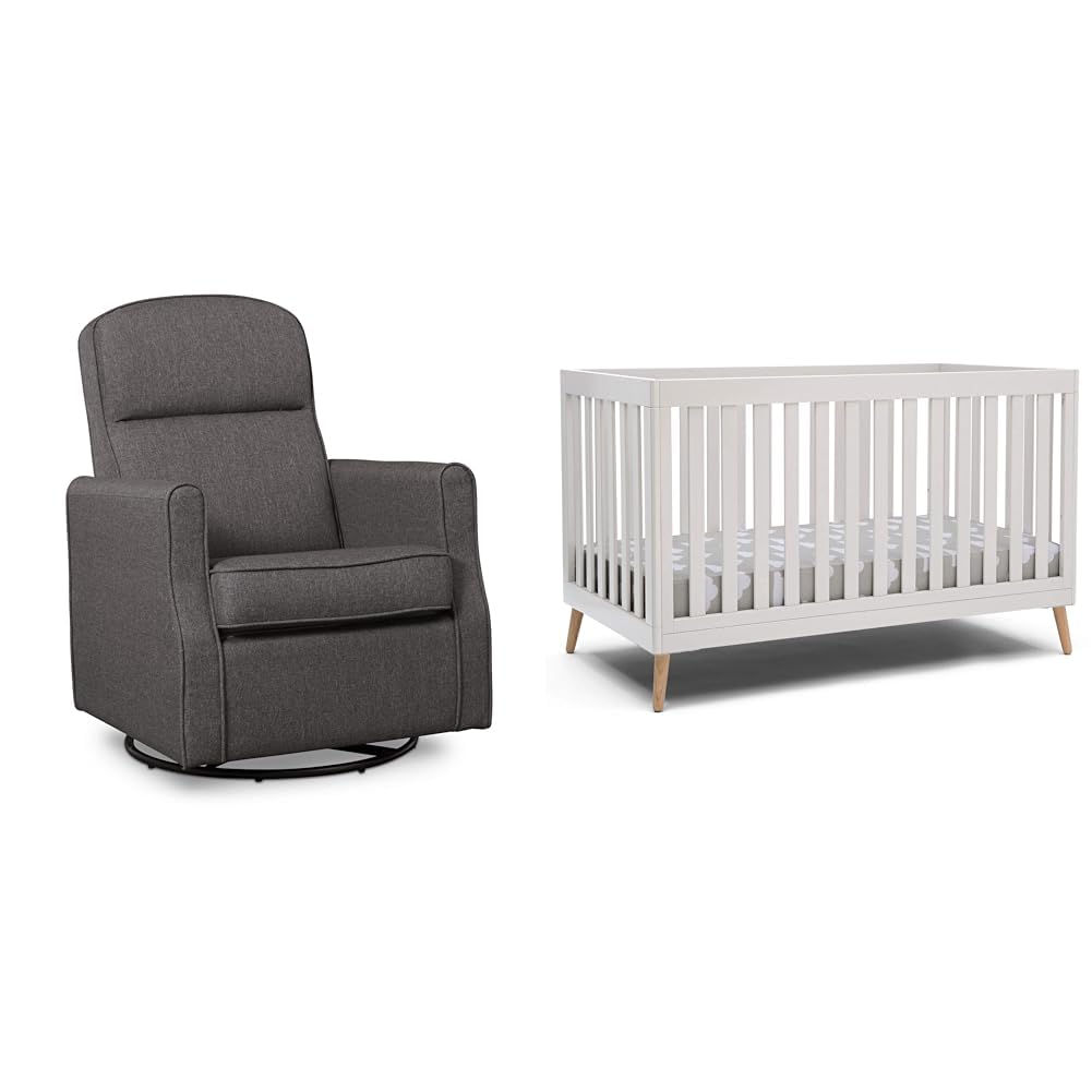 Delta Children Blair Slim Nursery Glider Swivel Rocker Chair, Charcoal &amp; Essex 4-in-1 Convertible Baby Crib, Bianca White with Natural Legs