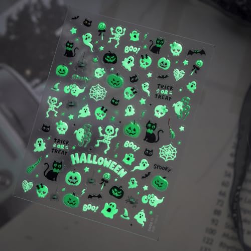 Image of Halloween Nail Stickers Decals Pastel Ghost Skeleton Pumpkin Nail Decals | Cat Spider Nail Decals Glow In The Dark Designs 5D Embossed Self-Adhesive Nail Charms Cute Spooky Style for Holiday Manicure