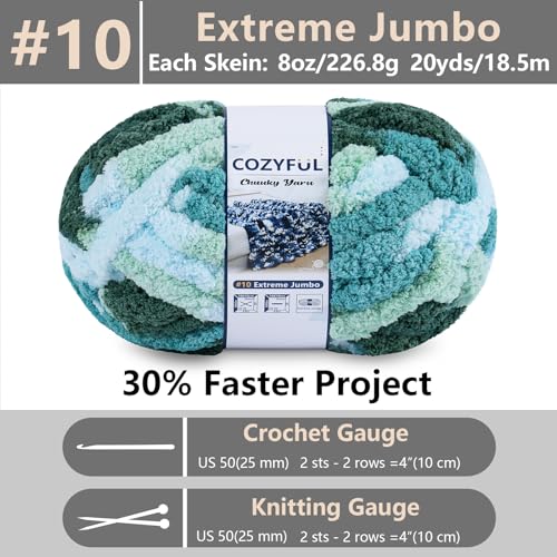 Image of Cozyful Chunky Yarn for Hand Knitting - #10 Chunky Chenille Blanket Yarn, Jumbo Big Thick Chunky Yarns for Crocheting, Tie Dye Bulky Knit Yarns, 8 Skein (20 yds 8 oz Each Skein), Forest&Teal&Sky&Mint