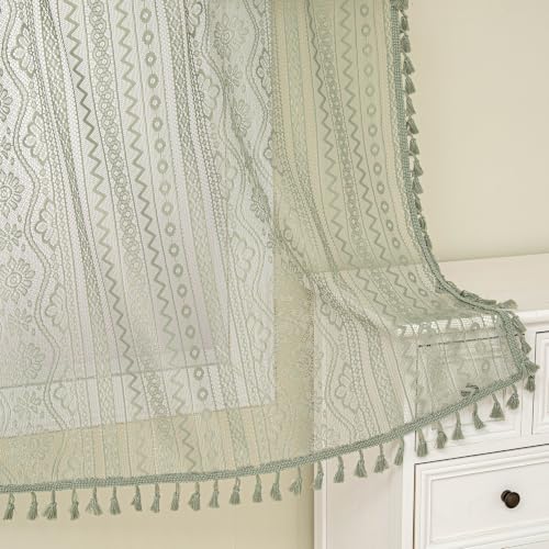 Image of MYSKY HOME Sage Green Lace Tier Curtains 24 Inch Length 2 Panels Kitchen Cafe Sheer Short Boho Half Country Rod Pocket Curtains for Small Windows Basement Bathroom, 34 inch Wide Each Panel