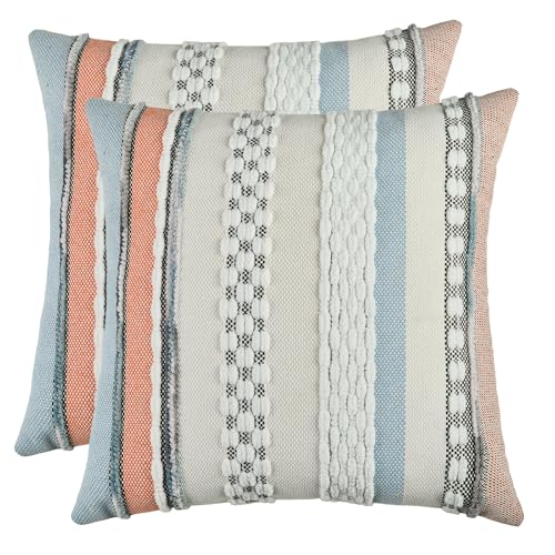 Volcanics Orange Blue Boho Throw Pillow Covers 18x18 Set of 2, Chenille Farmhouse Decorative Cushion Covers, Neutral Striped Accent Pillowcases for Couch Sofa Bed