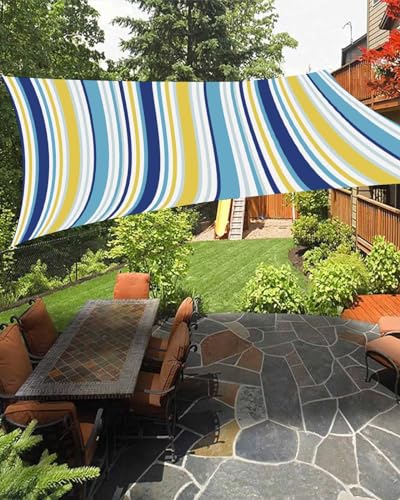 Boanket Sun Shade Sail 8' x 10', Blue Yellow Striped Rectangular Waterproof Outdoor Sun Shades, Farmhouse Navy Blue Ombre Stripes Shade Cloth for Patio Deck Terrace Garden Lawns Beach Backyard