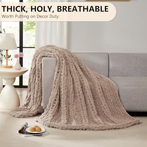 L'AGRATY Chunky Knit Blanket Throw: 72''x84'' Chenille Chunky Knitted Throw Blankets for Bed Couch - Handmade Thick Big Cable Knit Blanket - Large Crochet Rope Blankets for Home Decor(Light Taupe)