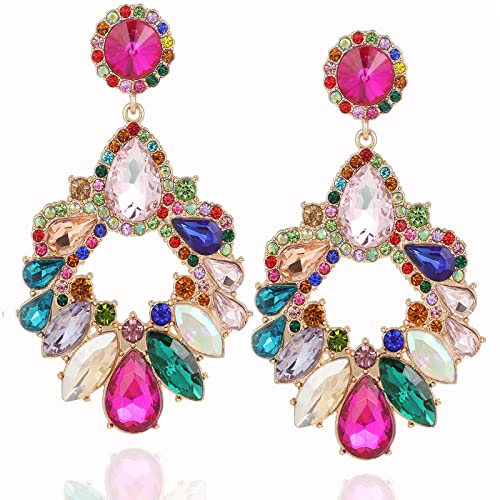 Fashion Rhinestone Statement Drop Dangle Earrings Large Colorful Crystal Chandelier Earrings for Women Bridal Wedding Party Prom