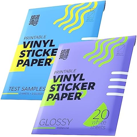 Premium Printable Vinyl Sticker Paper for Inkjet Printer and Laser - 20 White Glossy and Test Samples 4 Sticker Sheets Waterproof - Durability Adhesive Paper 8.5 x 11, Great for Cutting Machines Cover