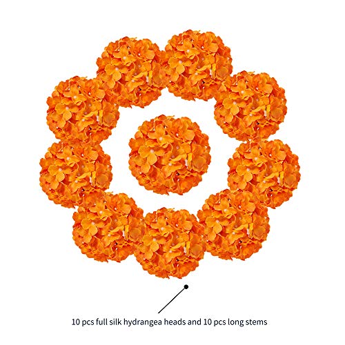 Orange Hydrangea Silk Fake Flowers Heads With Stems, Artificial Flowers For Decoration Wedding Home Party Shop Baby Shower,Room Decor For Bedroom Aesthetic, Pack Of 10 #TOP1