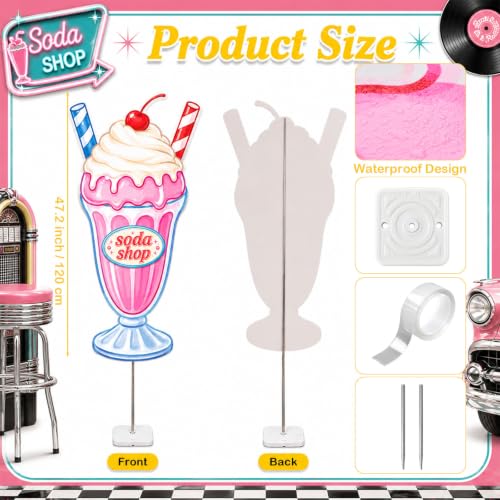 Image of Qunclay 4 ft 1950s Soda Shop Cardboard Cutout Retro Milkshake Cutout Decoration Life Size Photo Booth Prop Stand up 3D Display Backdrop for 50s Diner Sock Hop Rock and Roll Party Decorations