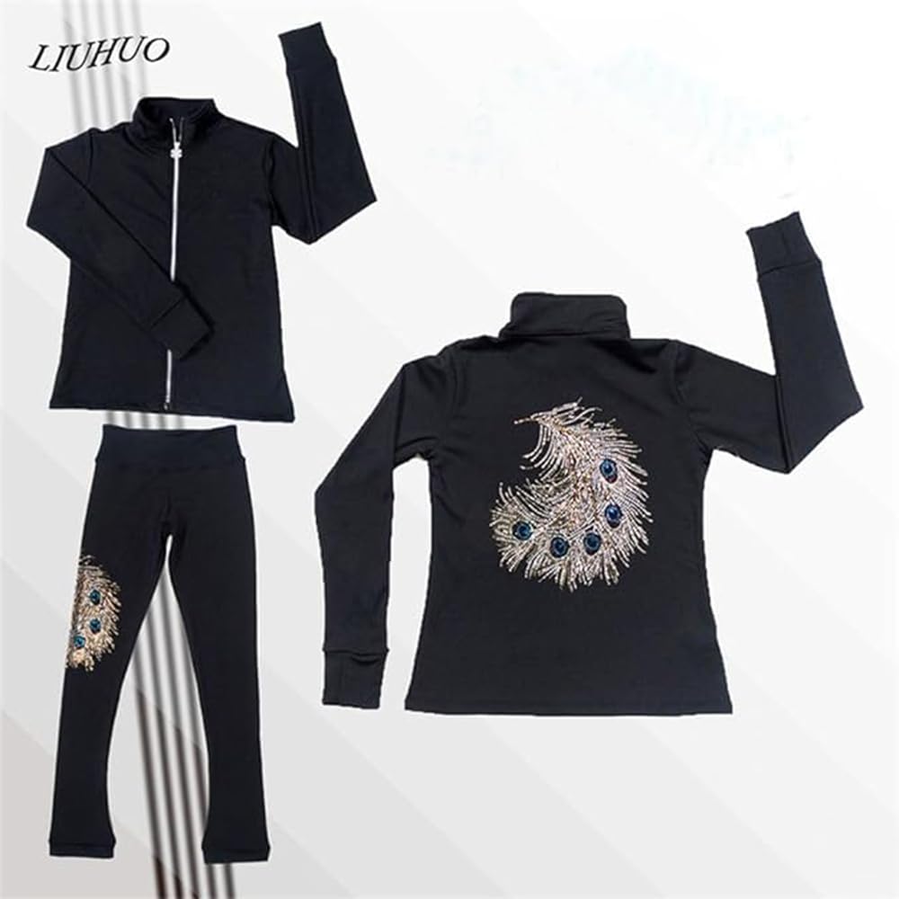 LIUHUO Ice Skating Training Pants Jackets Sets Girls Clothes Black Three-Dimensional Embroidery Phoenix Pattern