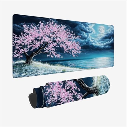 Alfombrilla Ratón XXL Gaming 1200 x 600 x 3mm Grande Alfombrilla Ratón Flores De Cerezo Mousepad Luna Diseño con Base de Goma Antideslizante y Bordes Cosidos, Decoracion Escritorio, Regalo,Model654