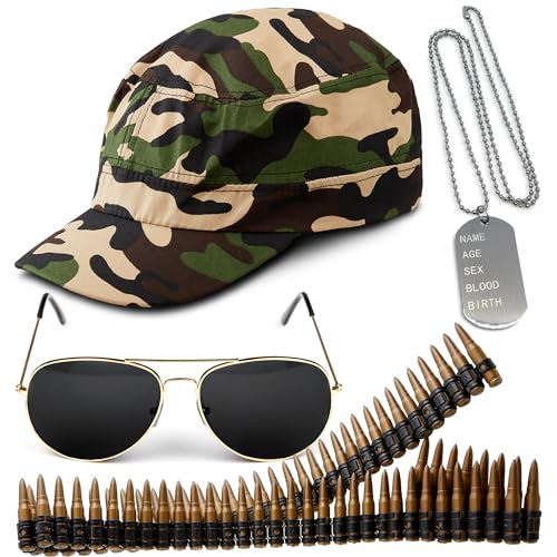 4pc Army Fancy Dress Accessories Set - Halloween Army Costume Accessories with Camo Hat, Bullet Belt, Aviator Sunglasses and Dog Tag Necklace - Soldier Costume for Stag Do Outfit or Adult Fancy Dress