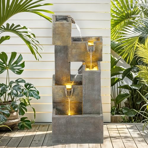 Autodaya 32.5' Modern Outdoor Water Fountain with LED Lights, 5-Tier Stacked Blocks Garden Fountain Cascading Waterfall Feature for Relaxing Garden, Patio, Backyard, Deck, Porch or Home Décor