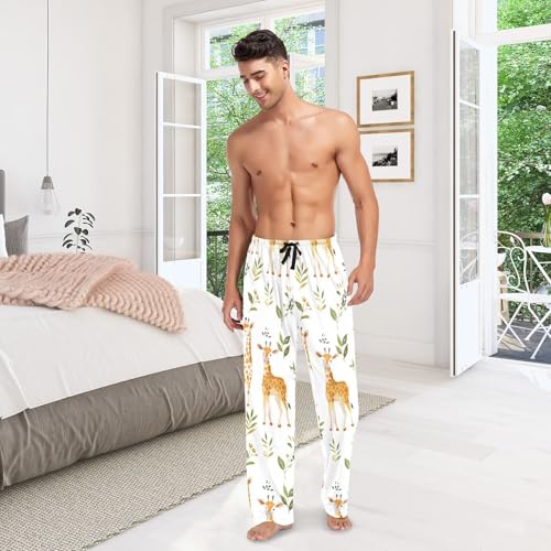 ALAZA Mens Pajama Pants 100% Cotton, Giraffe Leaves Men's Flannel Pajama2