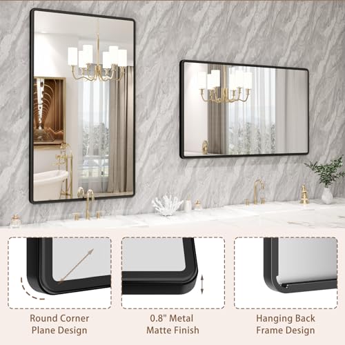 New Upgrade Bathroom Mirror, 50X30 Inch Black Metal Frame Wall Mounted Rounded Rectangle Bathroom Vanity Mirror with Tempered Glass for Washroom Bedroom Living Room