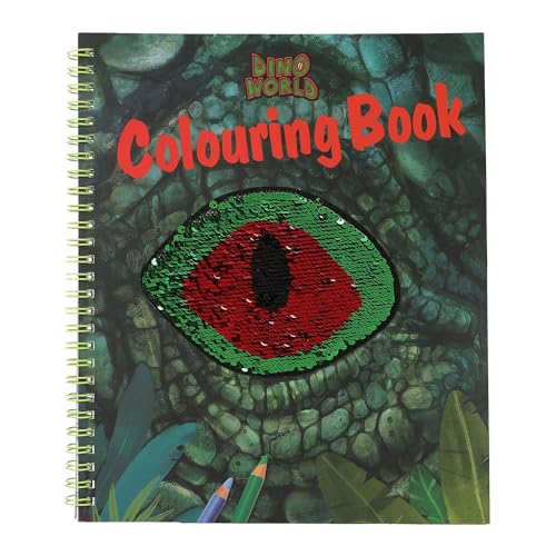 Depesche 12757 Dino World-Libro da colorare con Disegno di Paillettes, con 20 Pagine per Creare Motivi di Dinosauri, Incluso Un Foglio di Adesivi, Multicolore