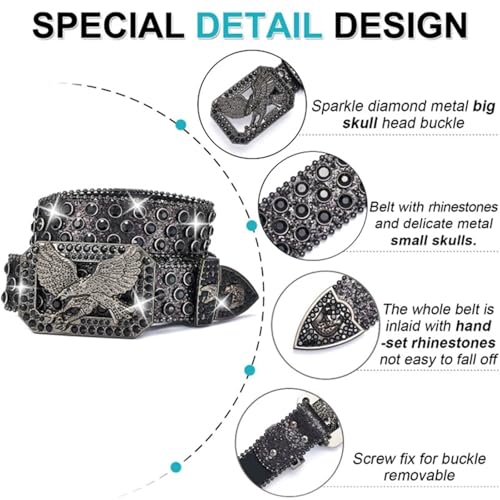 Ceinture strass avec boucle tête d'aigle et rivet brillant rock