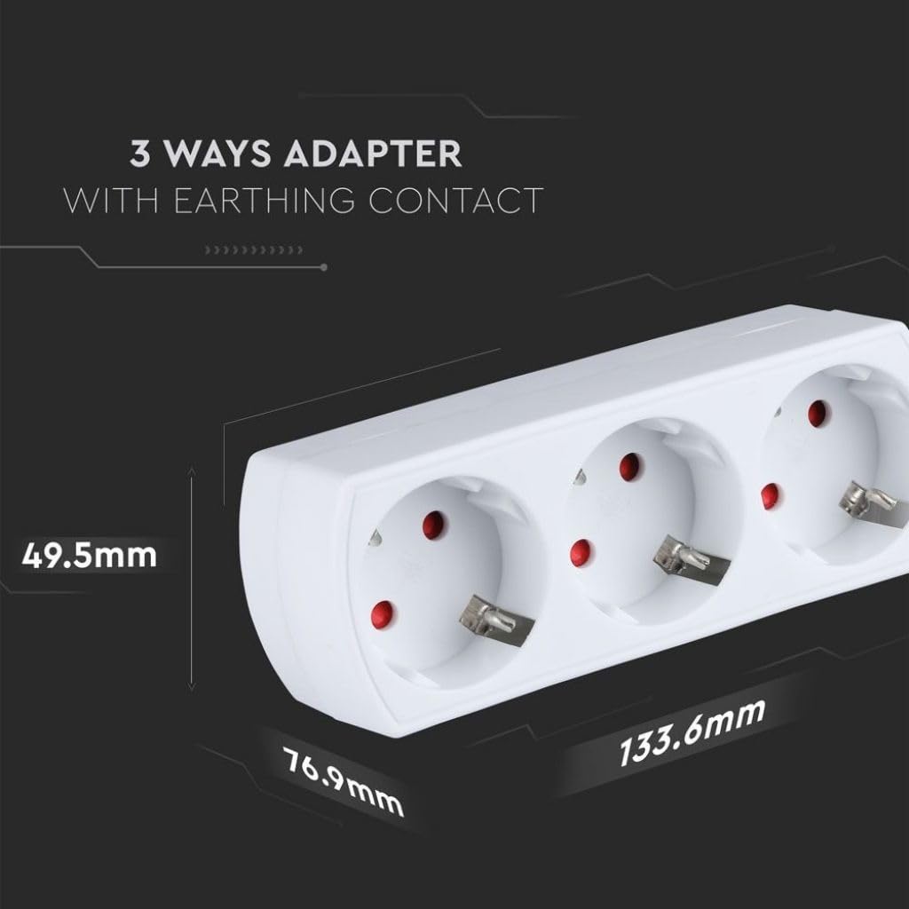 V-TAC Adaptador Múltiple 3 ENCHUFES - Enchufe de Pared 3 Tomas de Corriente 16A Shuko para el Hogar, Oficina, Tienda, Garaje, Cocina - Regleta Múltiple 3 Enchufes - 250V Compacta y Práctica — view 5