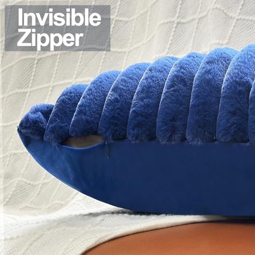 24x24 Pillow Covers, Decorative Faux Fur Throw Pillow Covers for Couch, Sofa Soft Fluffy Pillow Cover with Velvet Back for Living Room, Neutral Home Décor Accent for Bed - Blue