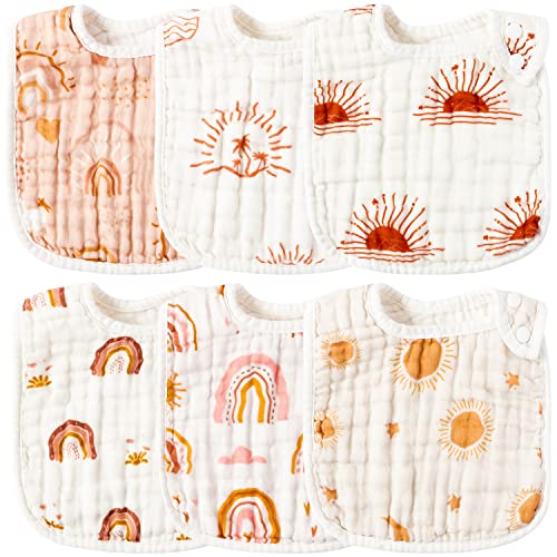 Image of Zainpe 6Pcs Snap Muslin Cotton Bibs for Baby Rainbow Sun Star Adjustable Feeding Bib, Machine Washable Unisex Burp Cloths with 6 Absorbent Soft Layers for Infant Newborn Toddler Drooling Teething