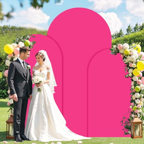Image of FOTSHARER Hot Pink Arch Cover Set of 3 Spandex Arch Backdrop Cover Pink (7.2FT, 6.6FT, 6FT) Wedding Arch Stand Covers for Chiara Backdrop Stand Covers for Birthday Party Banquet Indoor Outdoor Decor