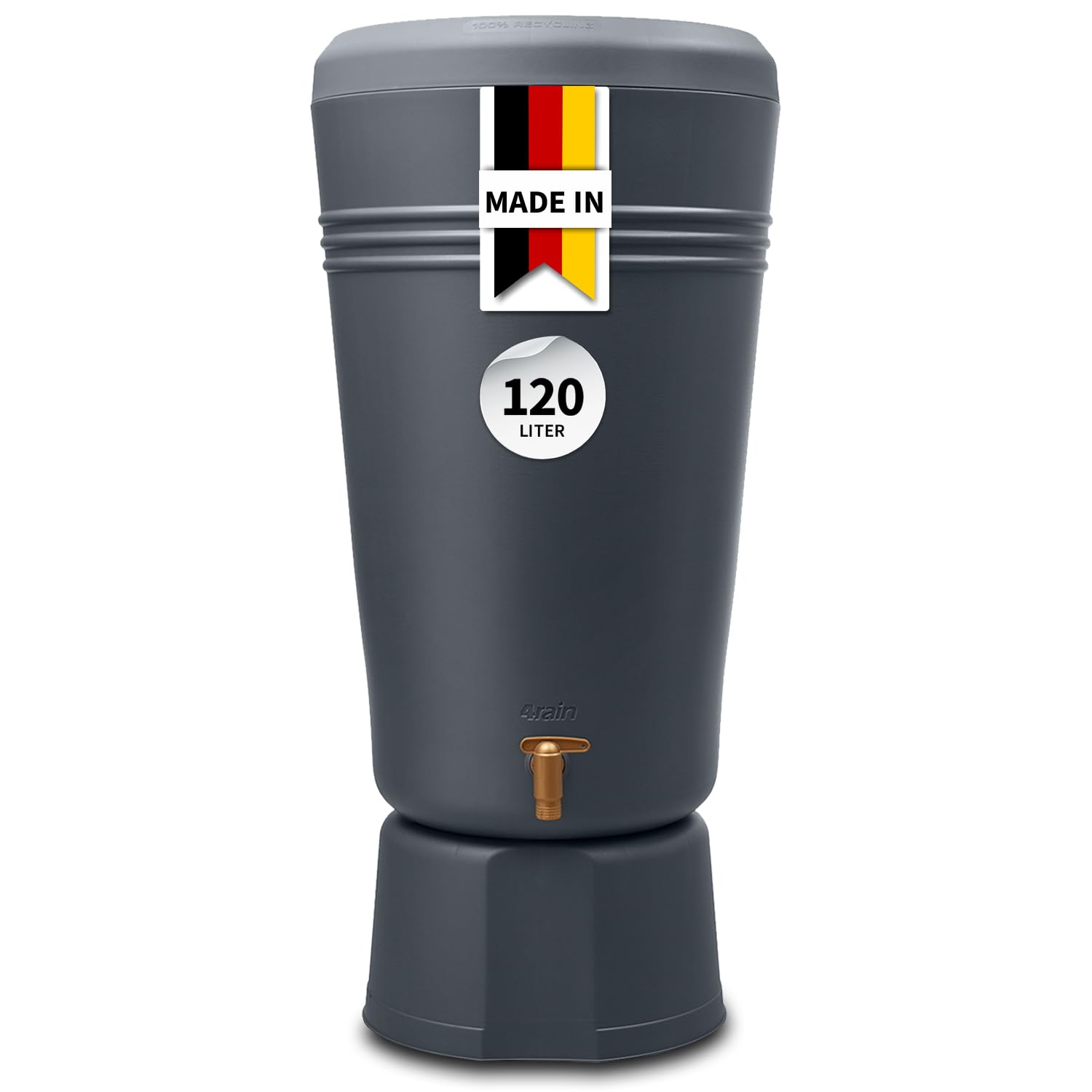 4rain Azura 2in1 Regentonne 120 Liter Graphite Grey inkl. Pflanzschale | und Unterstand, Regenfass mit Hahn, schmale Regenwassertonne in anthrazit, moderner Wassertank für den Garten als Wasserfass