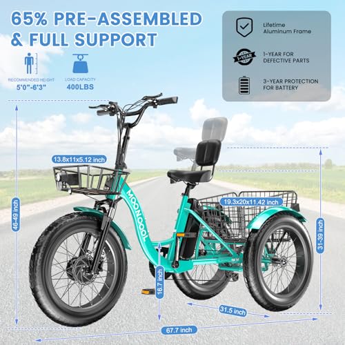 MOONCOOL 1000W 4″ Fat Tire Electric Tricycle for Adults, 48V
