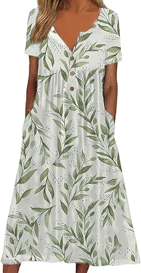 Women's Summer Boho Floral Short Sleeve Button Maxi Dress Casual Loose Beach Holiday Tshirt Dress with Pockets