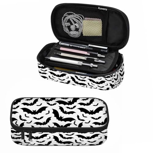 Xuwenz Black White Bats Pencil Case Halloween Bat Large Large Capacity Pen Pouch for School Student Office Adult Girl Boy