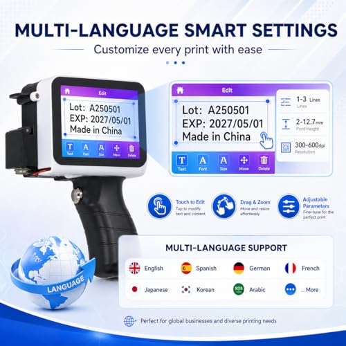 Handheld Tintenstrahldrucker, Handheld Drucker 12,7 mm Tintenstrahldruckmaschine für Barcode Datumsetiketten, Chargennummern, Unterstützt Mehrsprachige Materialien