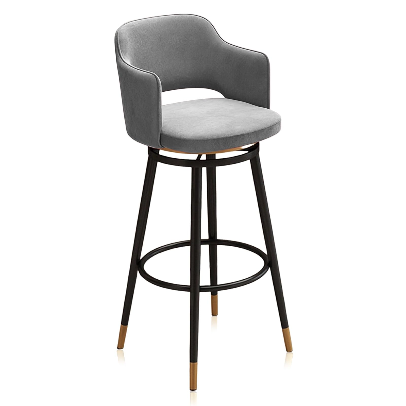 KLZUOPT Luxury Barstool Counter Height Bar Stools Set of 1, Swivel Velvet Upholstered Chairs with Black Footrest and Back, Mid Century Bar Chair Modern Barstools for Kitchen Island(Grey,75cm(29.5in))
