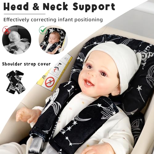 Image of GFU Infant Car Seat Insert Head and Body Support, Reversible Newborn Insert for Carseat with Strap Pads, Soft Stroller Cushion Pillow Insert for Boys and Girls, Fits for Stroller, Swing, Black Star