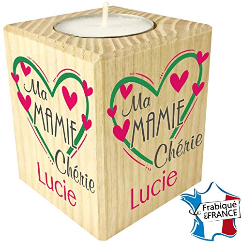 Gravure Events Bougie personnalisée Ma Mamie Chérie  Porte Bougie en Bois personnalisé avec Le prénom de Mamie  Cadeau Noël, Anniversaire, fête des Grands mères  Cadeau Personnalisable pour Mamy
