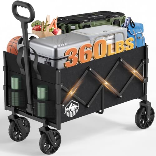 JIGOBING Collapsible Wagon, Portable Folding Wagons Carts with Wheels Foldable, 360lbs Heavy Duty Utility Cart with Cup Holders for Beach Grocery Camping Garden