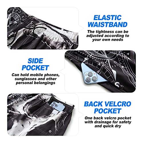Mens Swim Trunks For Men, Black White Pirate Skull Compass Heavy Metal Mens Board Shorts Swimwear Bathing Suit With Mesh Lining, Funny Hawaii Quick Dry Beach Shorts For Men Swimming Trunks, Medium #TOP4
