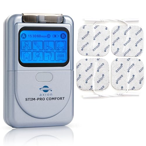 axion TENS Unit STIM-PRO Comfort - with 4 pcs of 2x2‘‘ Electrode Pads | TENS machine muscle and nerve stimulator for drug-free pain relief for sore and aching muscles like back pain