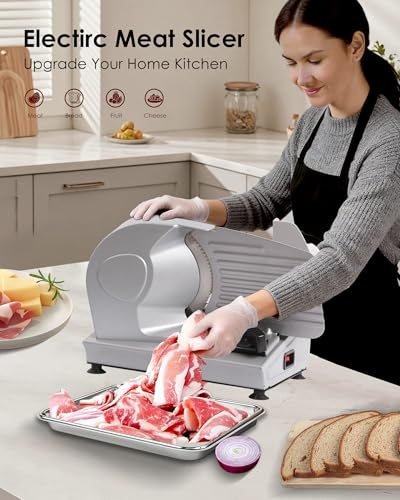 Image of Meat Slicer Machine for Home with 7.5 inch Stainless Steel Blade | Electric Meat Slicer, Adjustable Thickness for 0-15mm, Food Slicer for Meat, Jerky, Cheese, Easy to Clean (Silver)