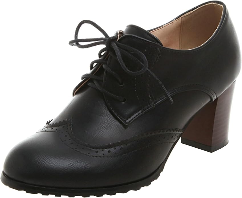 Women's Chunky High Heels Wingtip Oxfords Round Toe Lace Up Chunky Block Heel Office Shoes Party Dress Shoes - Main Image