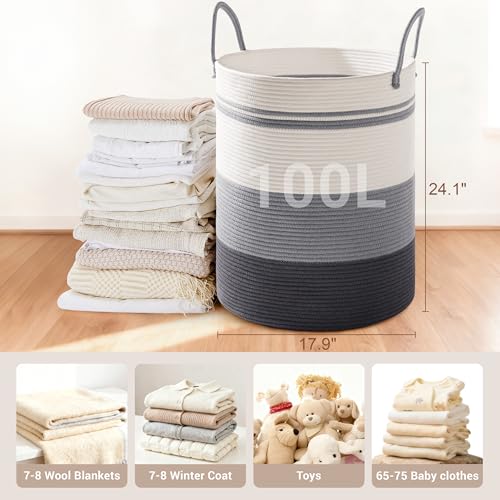 Image of 72L Large Tall Cotton Rope Laundry Basket with Handle, Grey Striped