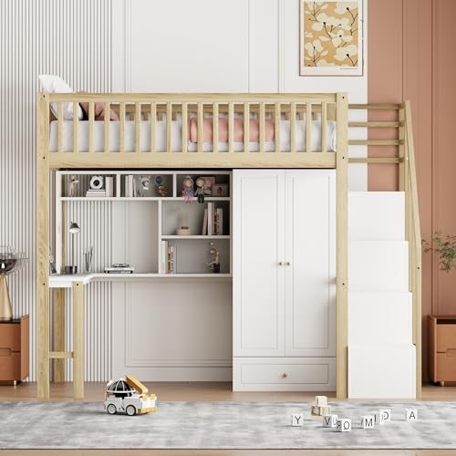 Moimhear Cama alta de 90 x 200 cm con armario grande y estante y mesa, espacio de almacenamiento, escalera multiusos, estructura de cama de madera (blanco + color natural), LDB00110