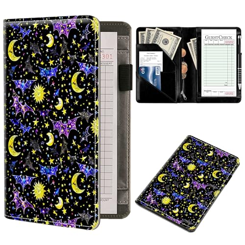 Server Books for Waitress, Server Book Organizer, PU Leather Waiter Book Organizer with Zipper Pocket Guest Checks Books Holder for Restaurant Fit Server Apron, Sun Moon Stars