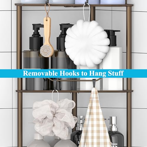 Image of HuggieGems 5 Tier Floor Standing Corner Shower Caddy Organizer Shelf with Hooks, Bathroom Shelves Stand Rack, Bronze