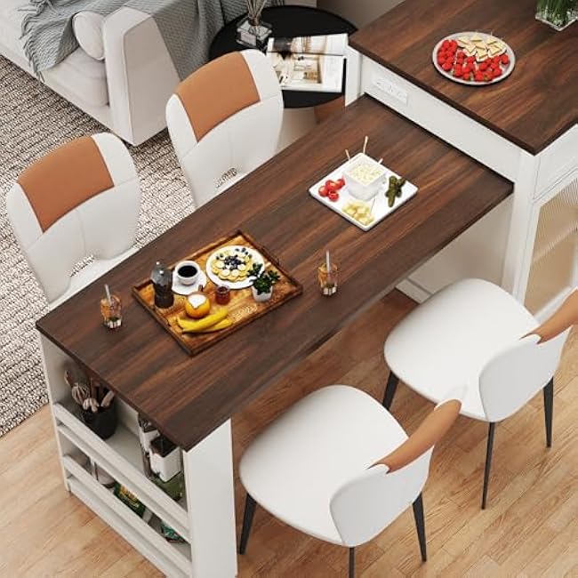 83'' Kitchen Island with Extendable Dining Table for 4-6, Island Kitchen with Pull Out Table, Charging Station, 2 Drawers for Dining Room House Bar, Office, White-AxsoAPwb