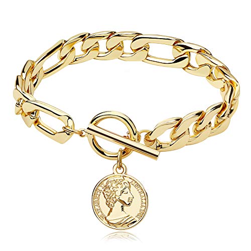 CLASSYZINT Gold Chain Cuban Link Bracelet for Men Women, Coin Pendant Anklet, 18K Gold Plated