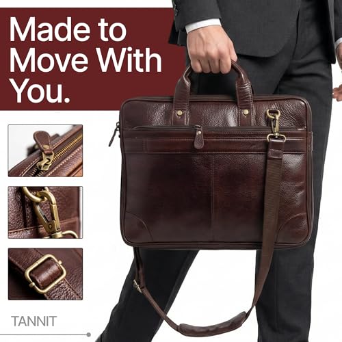 Image of TANNIT Genuine Leather Laptop Bag for Men - 15.6 inch Expandable Messenger Bag for Office Use - Water-Resistant Laptop briefcase with Multiple Compartment, Adjustable Padded Straps, Trolley Strap