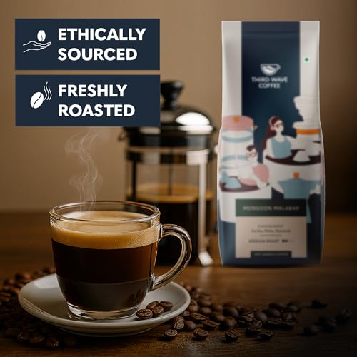 Image of THIRD WAVE COFFEE Arabica Monsoon Malabar Coffee, Medium Roast, Coarse Grind for French Press Style, 250g