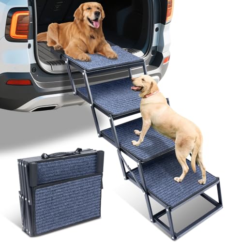Dog Stairs for Large Dogs, Extra Wide Dog Ramp for Car with Non-Slip Surface, Foldable Pet Steps for Cars, SUV, Truck, RV, Supports up to 200 lbs, 4 Steps
