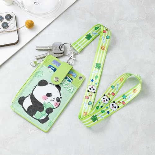 Image of ID Badge Holder with Lanyard,Cute Panda Work Badge with Zipper Pocket, 2-Sided Functional Card Wallet with 3 Card Slots and Detachable Keychain for Teacher Student Nurse Worker (Green)